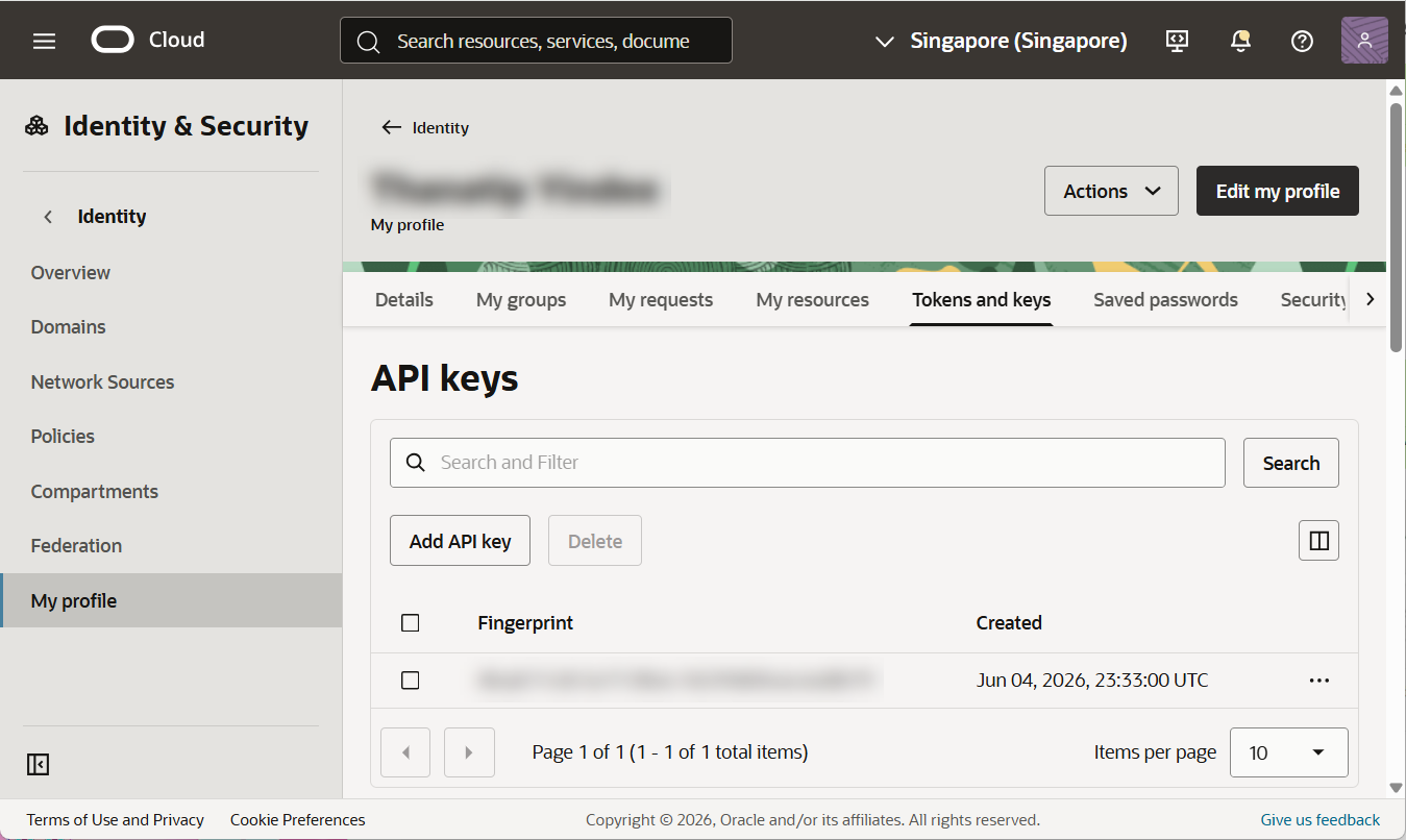 ตัวอย่างเมนู Profile และ User Settings ใน OCI Console