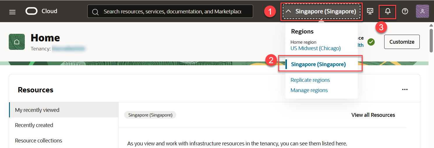 Select the target OCI region, then click the Notifications bell icon.
