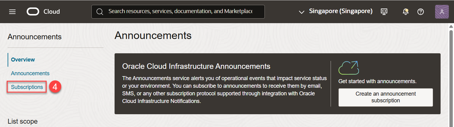 Open Announcements and select Subscriptions.