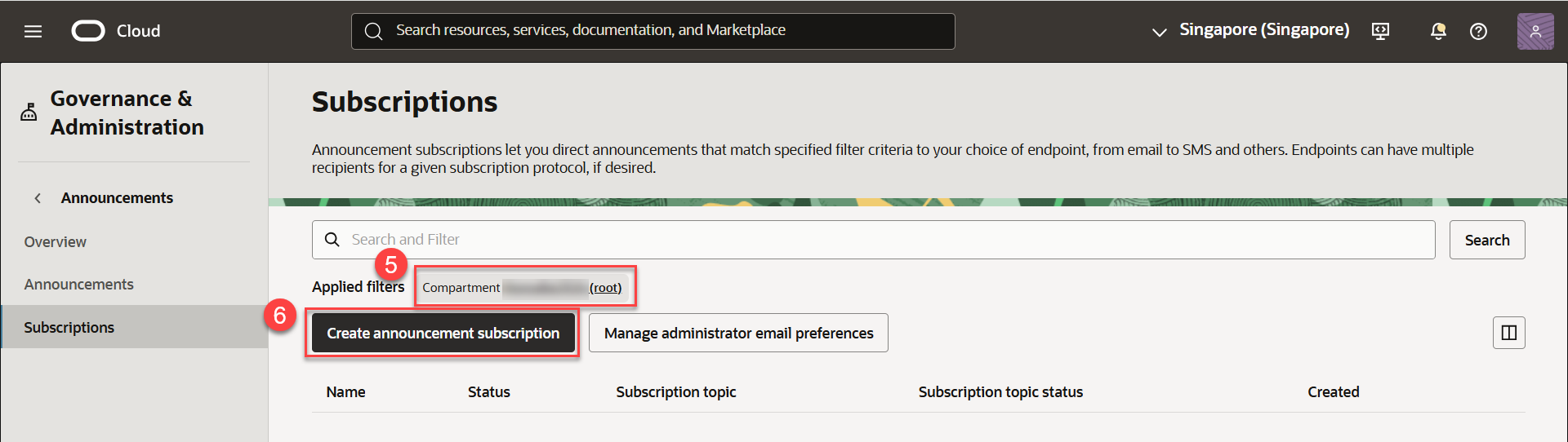 Confirm that the root compartment is selected, then create an announcement subscription.