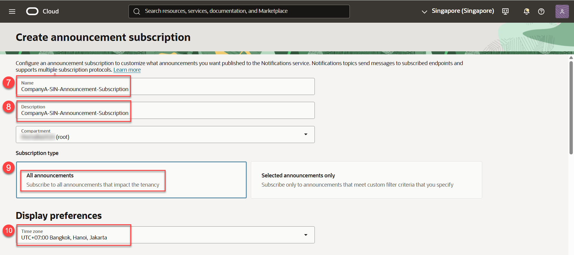 Enter the subscription details, select All announcements, and set the time zone.