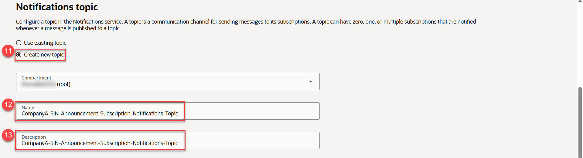 Create a new Notifications topic and enter its name and description.