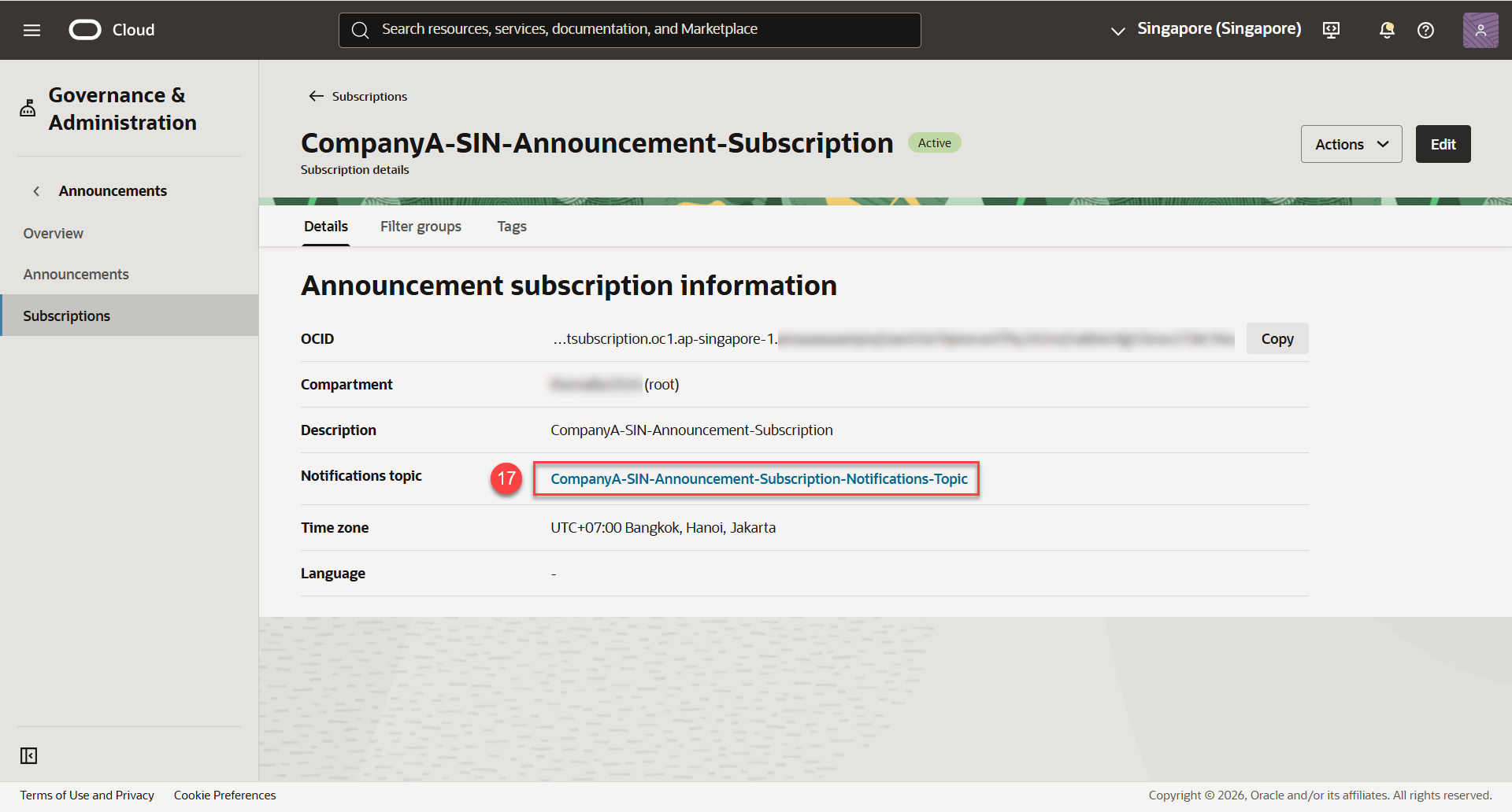 Open the Notifications topic from the announcement subscription details page.
