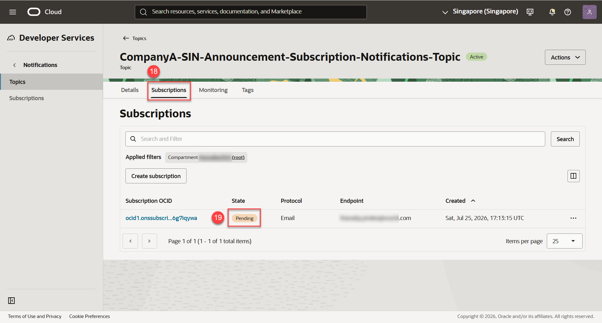 The email subscription remains Pending until the recipient confirms it.