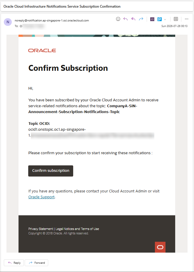 Open the Oracle Cloud Infrastructure Notifications Service Subscription Confirmation email.