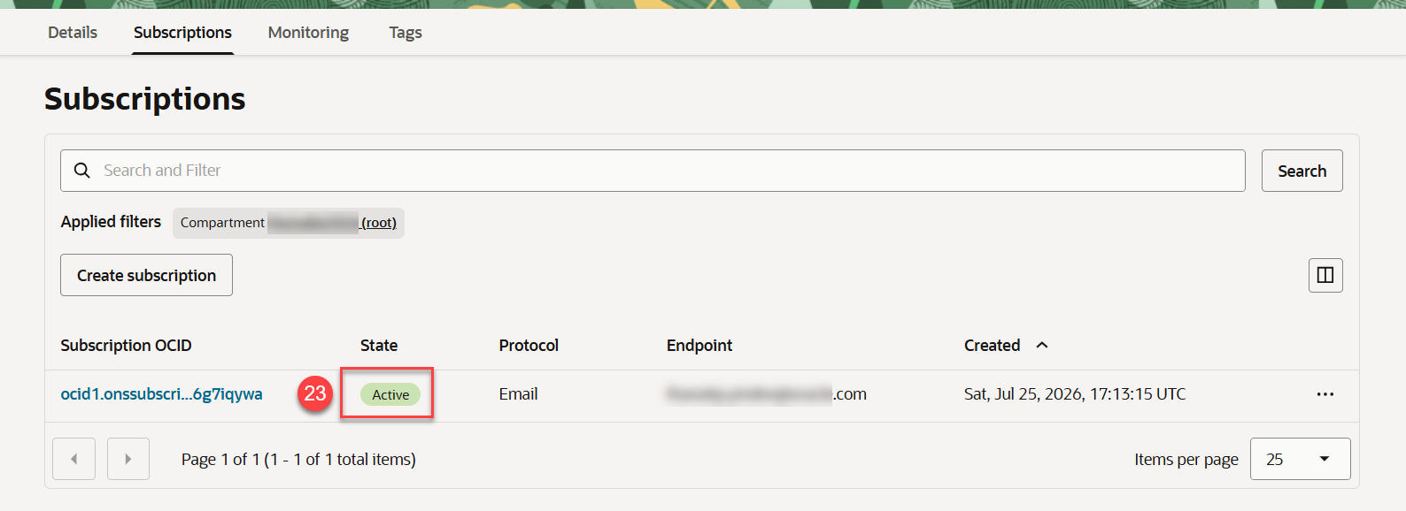 The subscription state changes from Pending to Active.